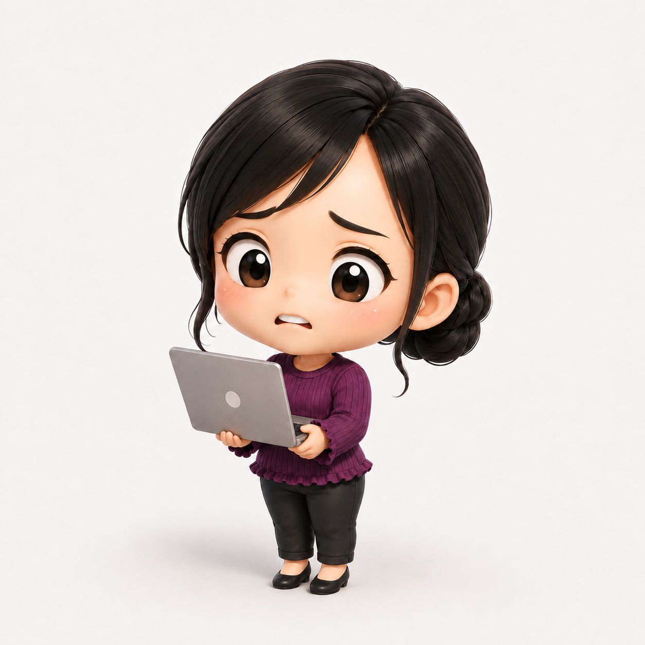 PCを持って不安そうに立つキャラクター